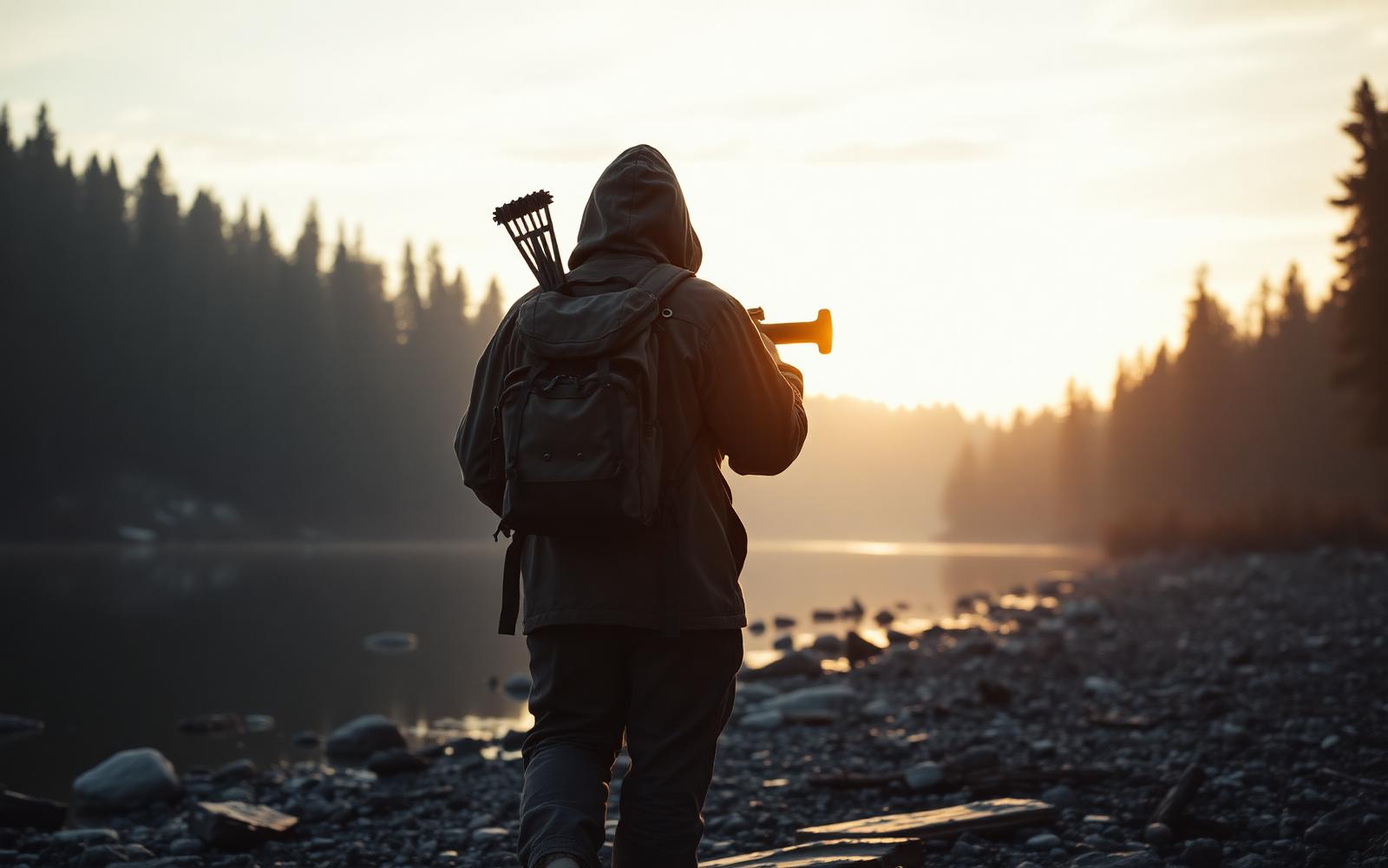 A hooded figure with a large pack shoulders a bow saw and walks a rocky lakeshore at golden hour