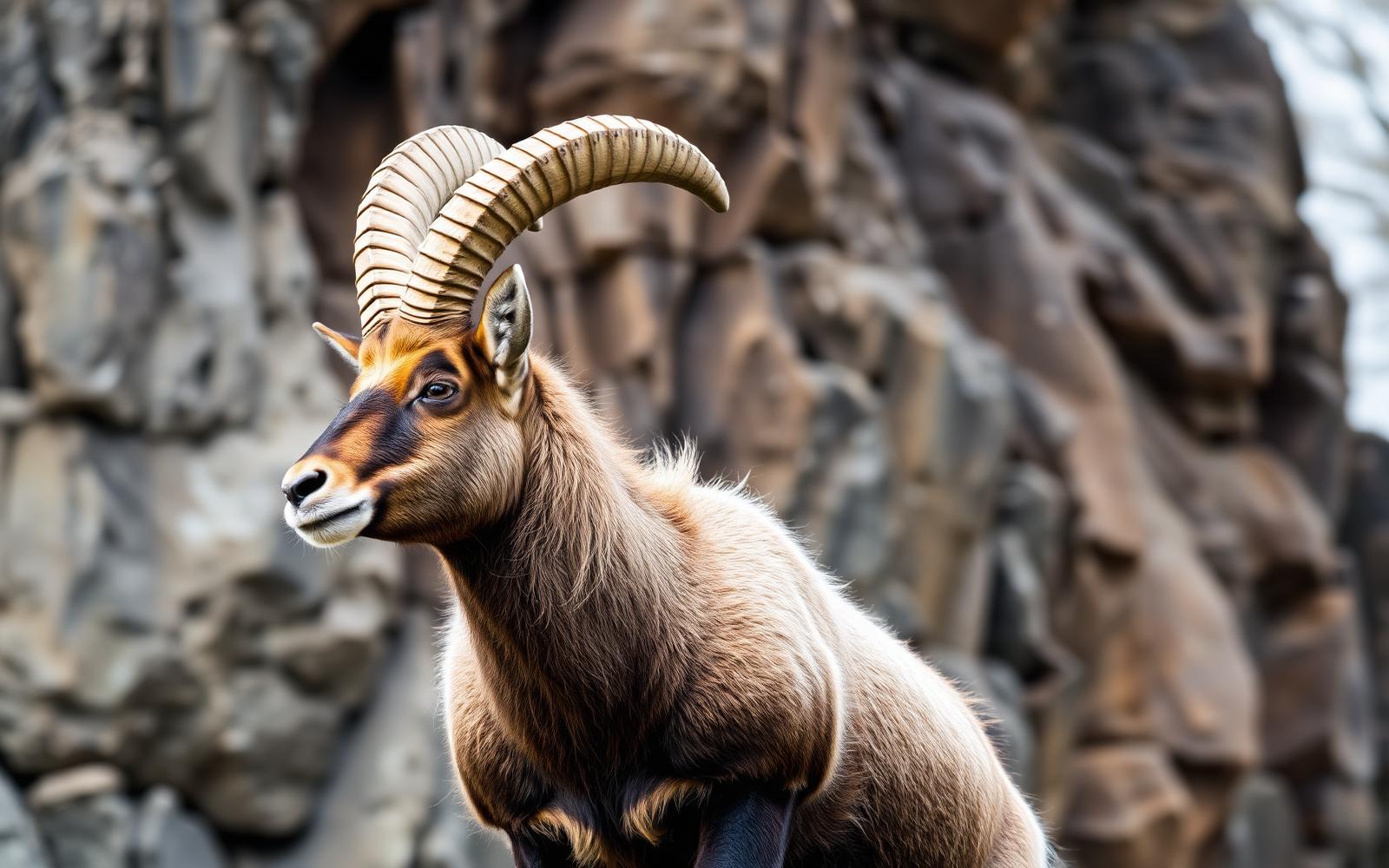 A Siberian ibex billy with tall backward-curving ridged horns on a cliff face in the Mongolian Altai