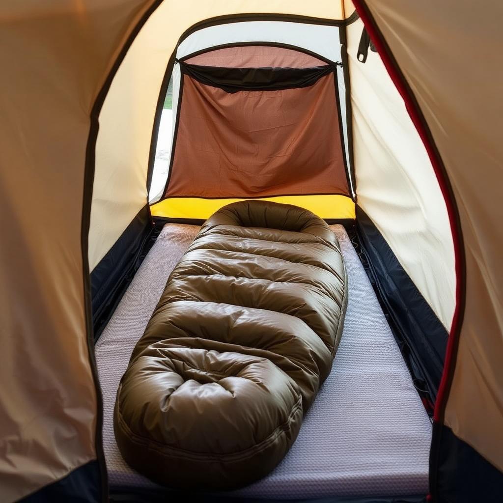 Mummy sleeping bag laid out inside a backcountry tent