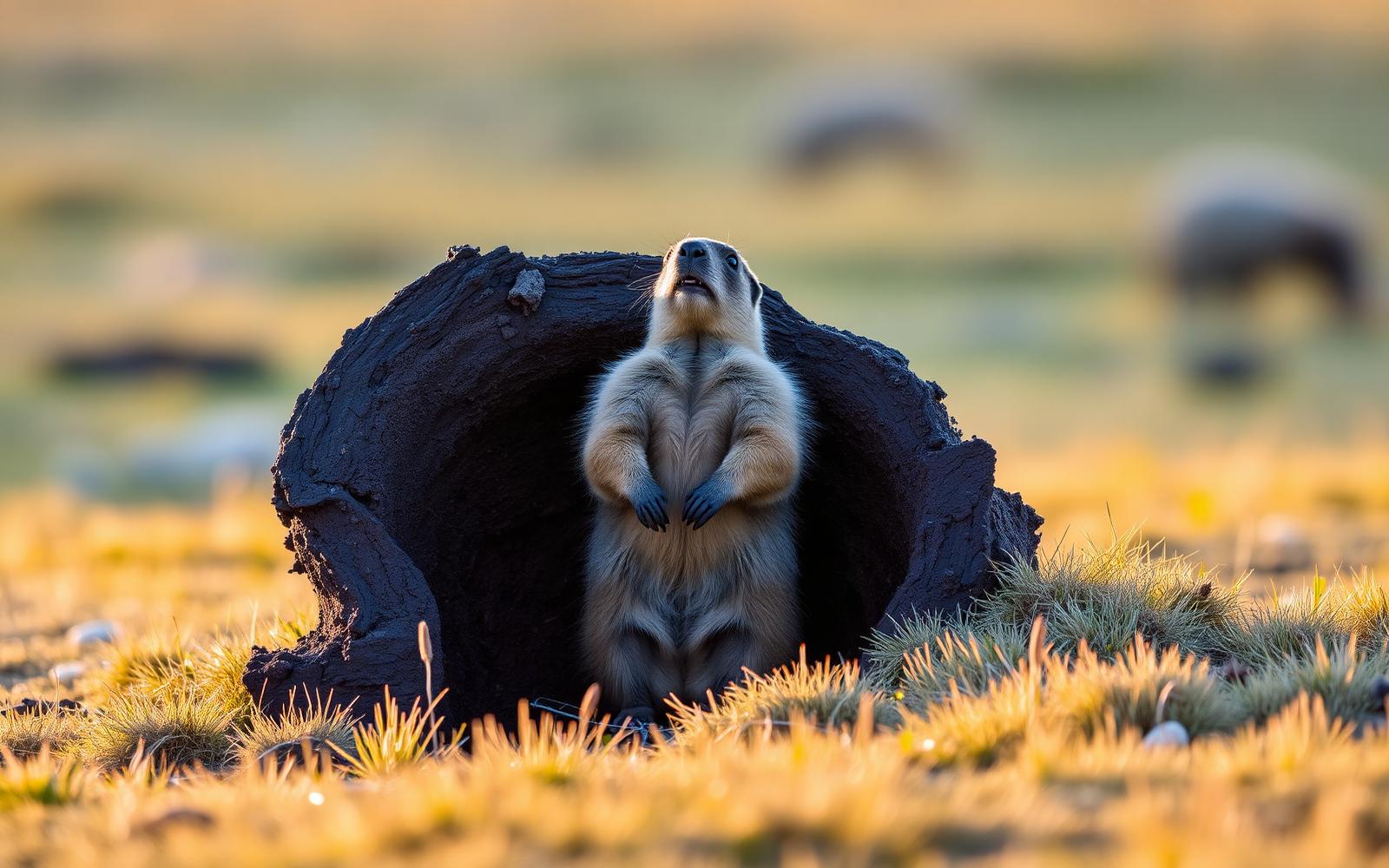 A tarbagan marmot standing upright on hind legs at the entrance of its burrow on the Mongolian steppe