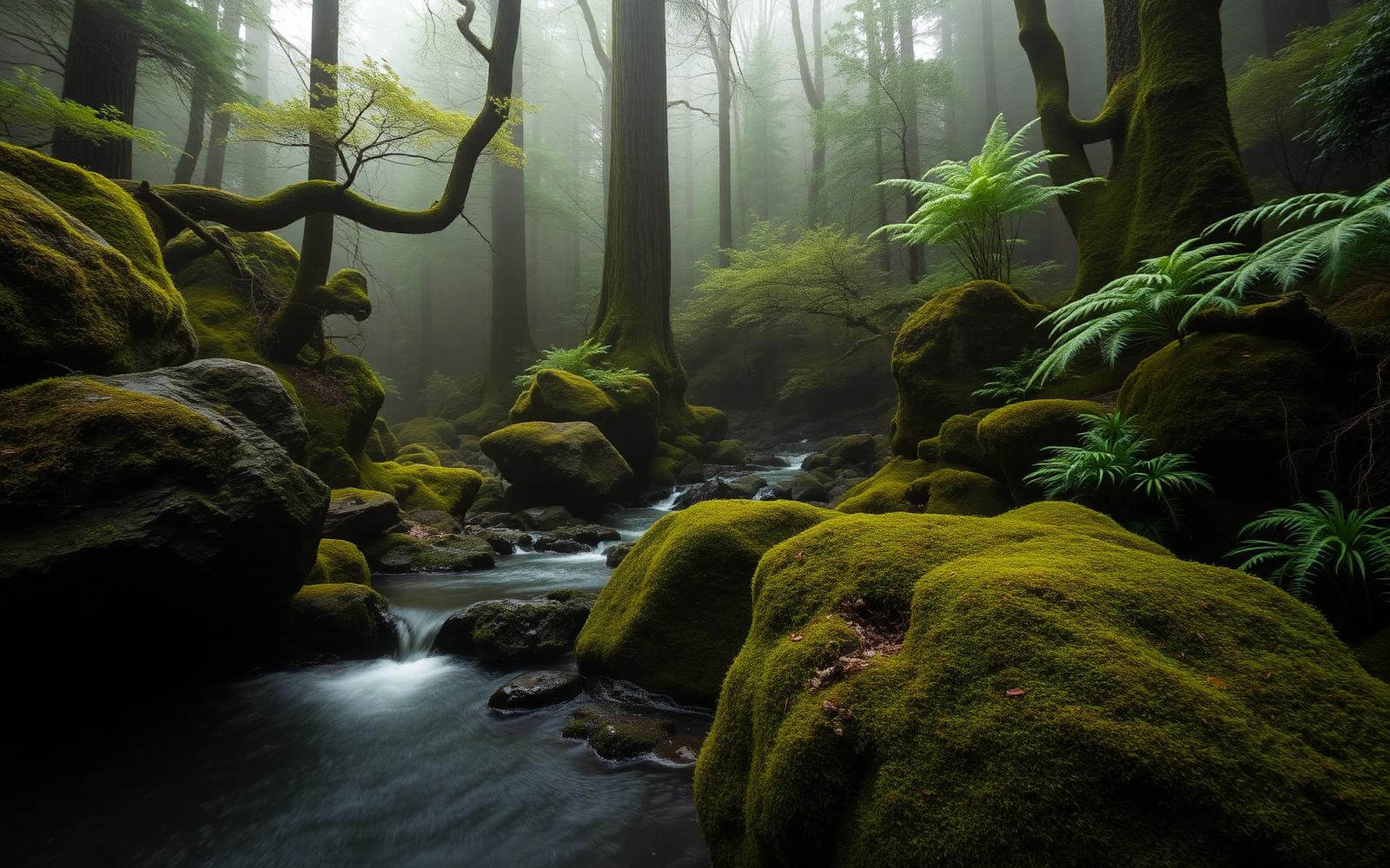 Mossy boulders and ancient myrtle beech in a South West Tasmania rainforest stream