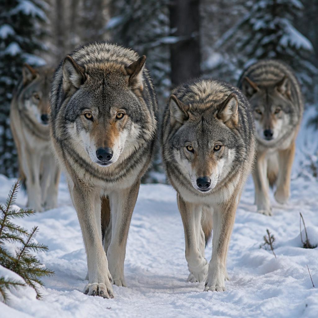 A pack of timber wolves walking through snow, larger male in front