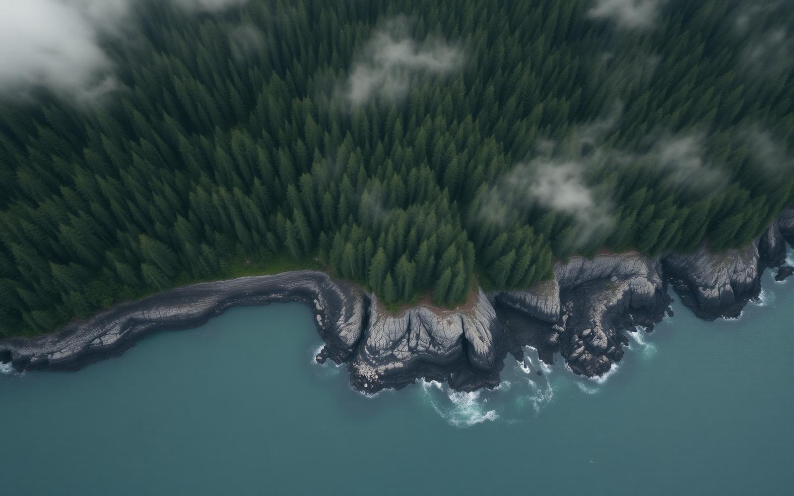 Aerial view of Northern Vancouver Island's forested coast meeting the Pacific