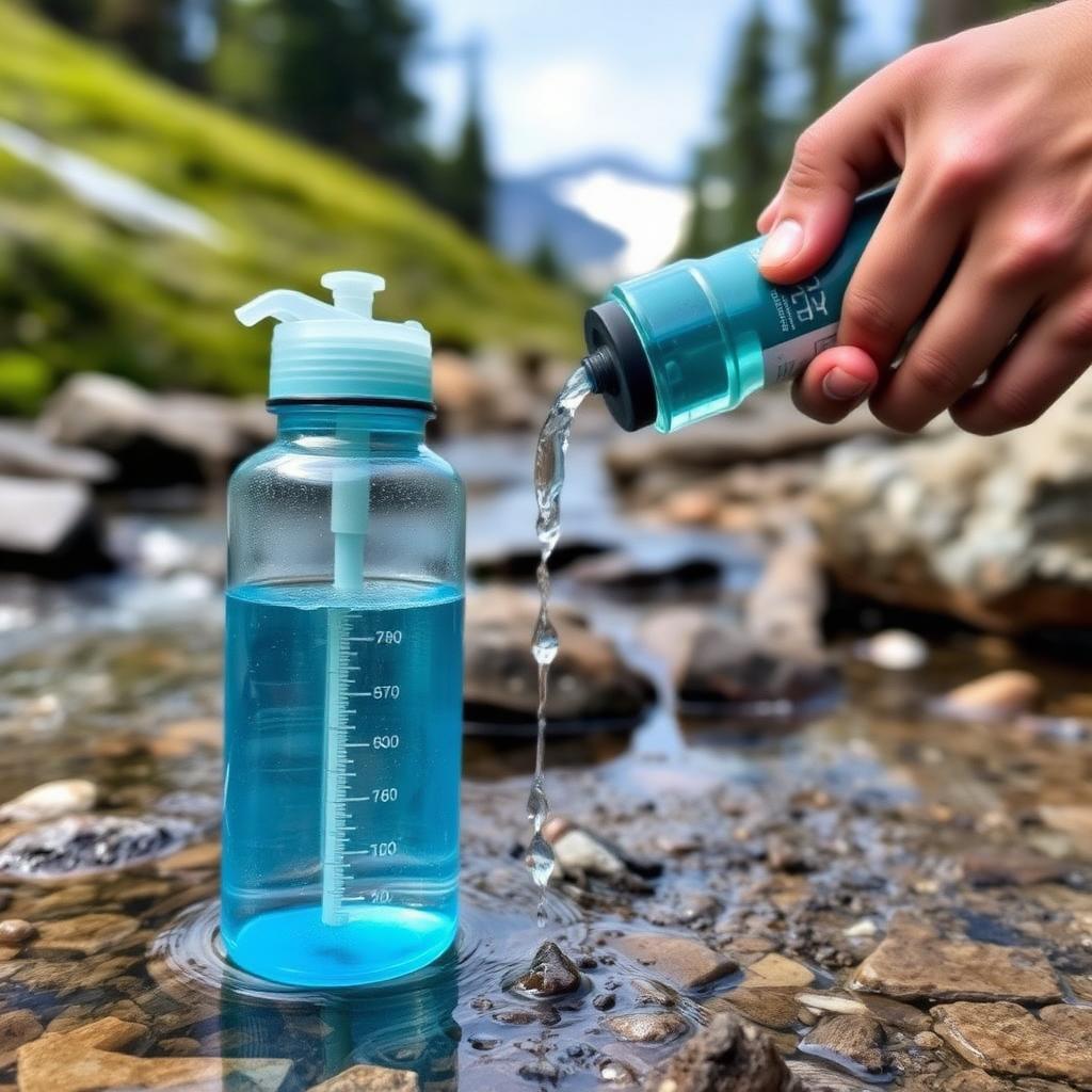 Backcountry water filter pumping clear water from a mountain stream