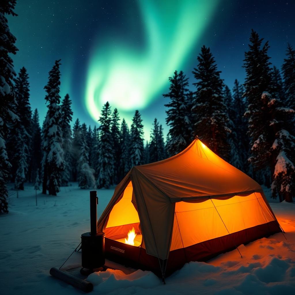 Glowing canvas hot-tent in a snowy boreal forest under aurora
