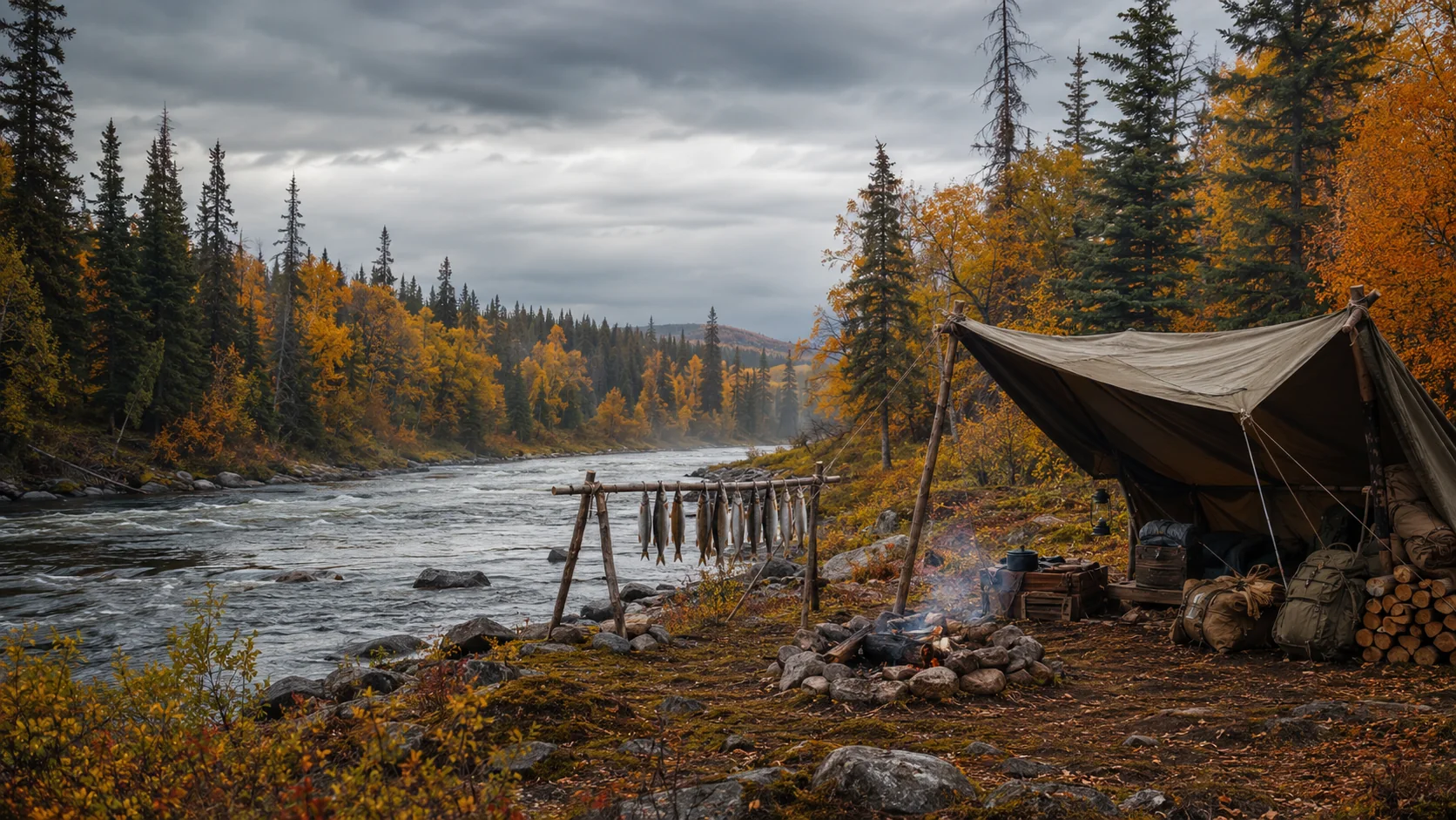 Autumn riverside camp with tarp shelter, fire, and outdoor equipment