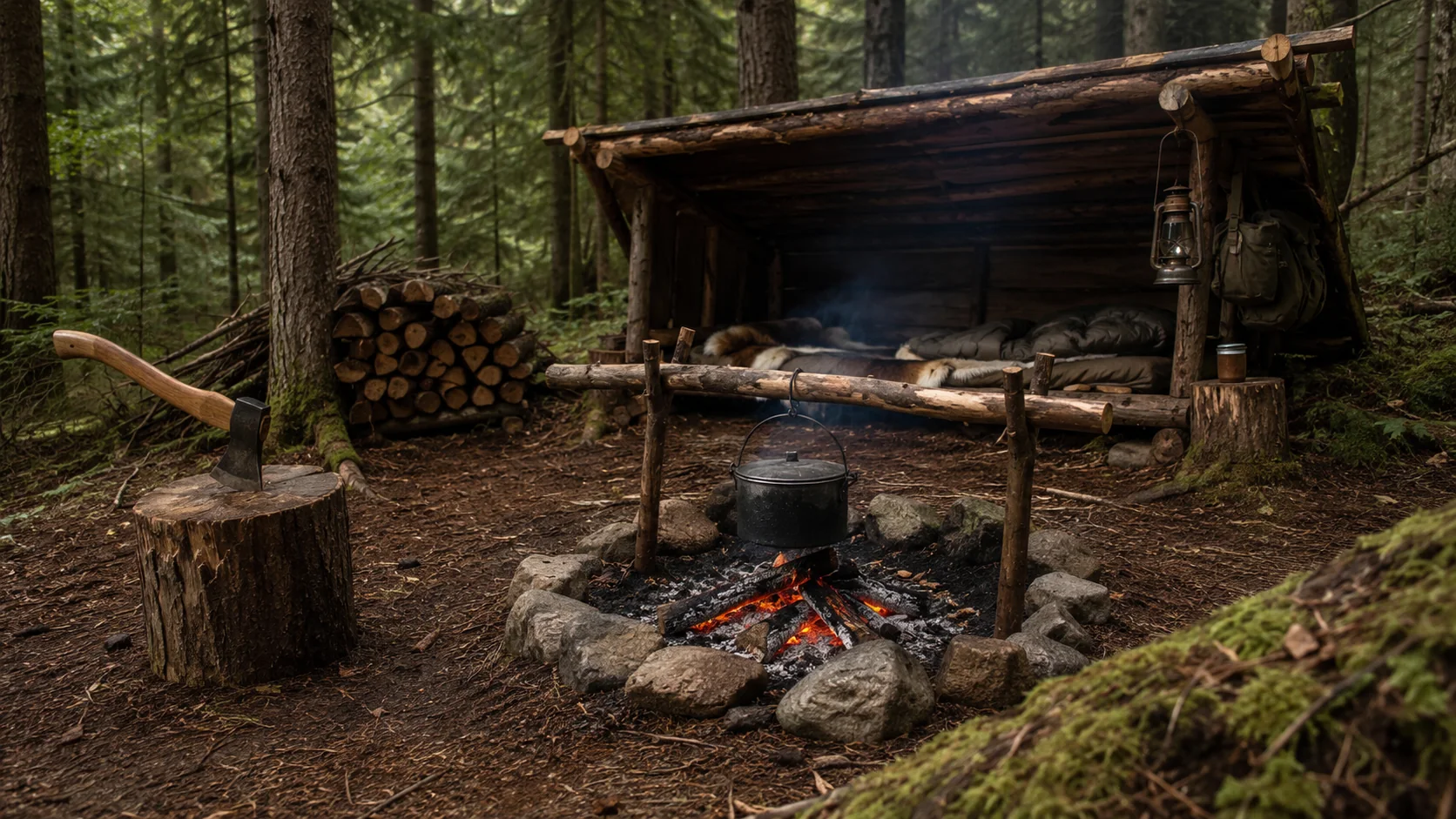 Simple bushcraft shelter and cooking fire in an evergreen forest