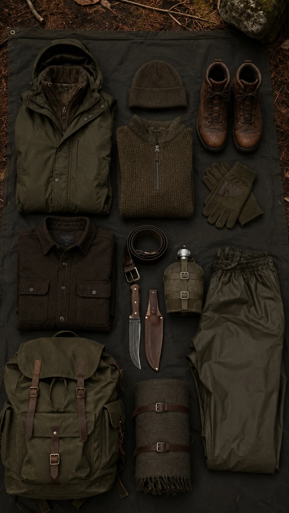 Outdoor clothing, boots, backpack, canteen, blanket, and field tools arranged on dark canvas
