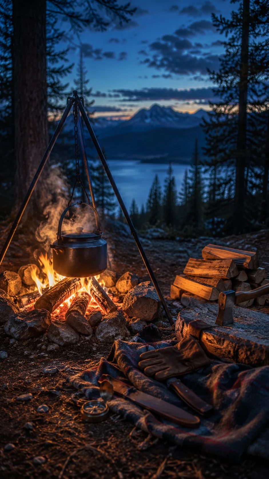 Campfire and kettle overlooking a mountain lake at blue hour