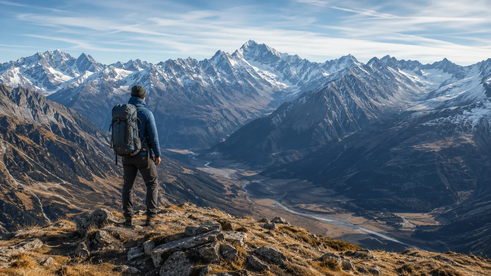 Backpacker looking across a sweeping alpine mountain valley