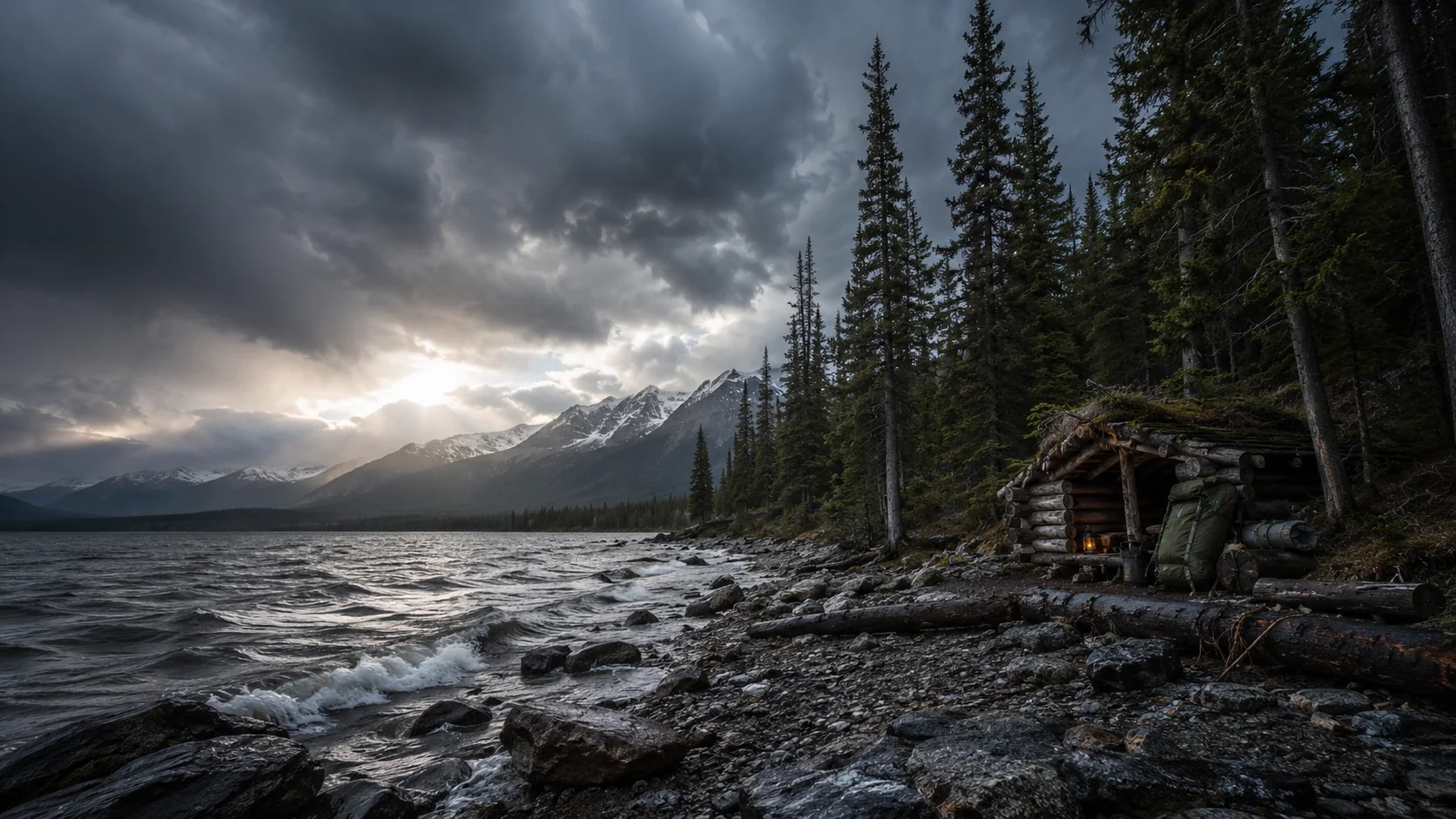Rugged lakeside wilderness shelter under dramatic storm clouds