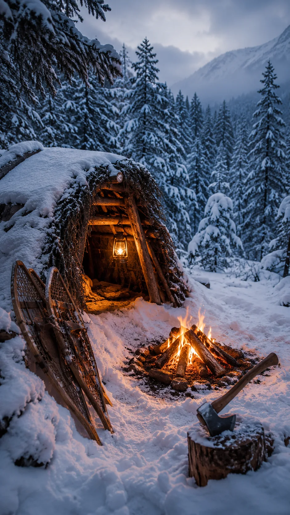 Snow-covered wilderness shelter, lantern, snowshoes, axe, and campfire